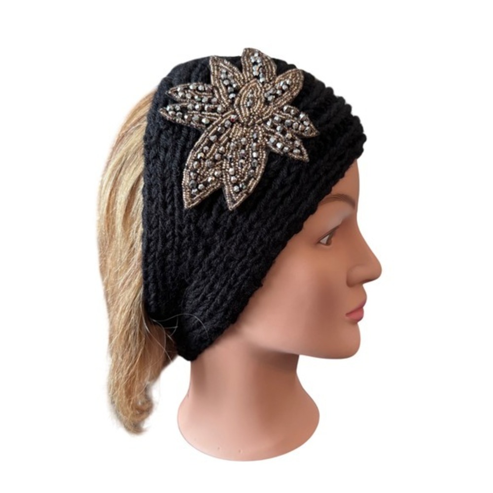 y2k Black‎ crochet knit ear warmers headwrap with sequin beaded embellishment